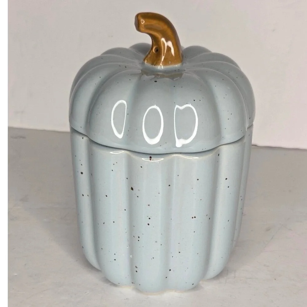 10 Strawberry Street Blue Speckled Ceramic Pumpkin‎ Shaped Canister Jar Fall